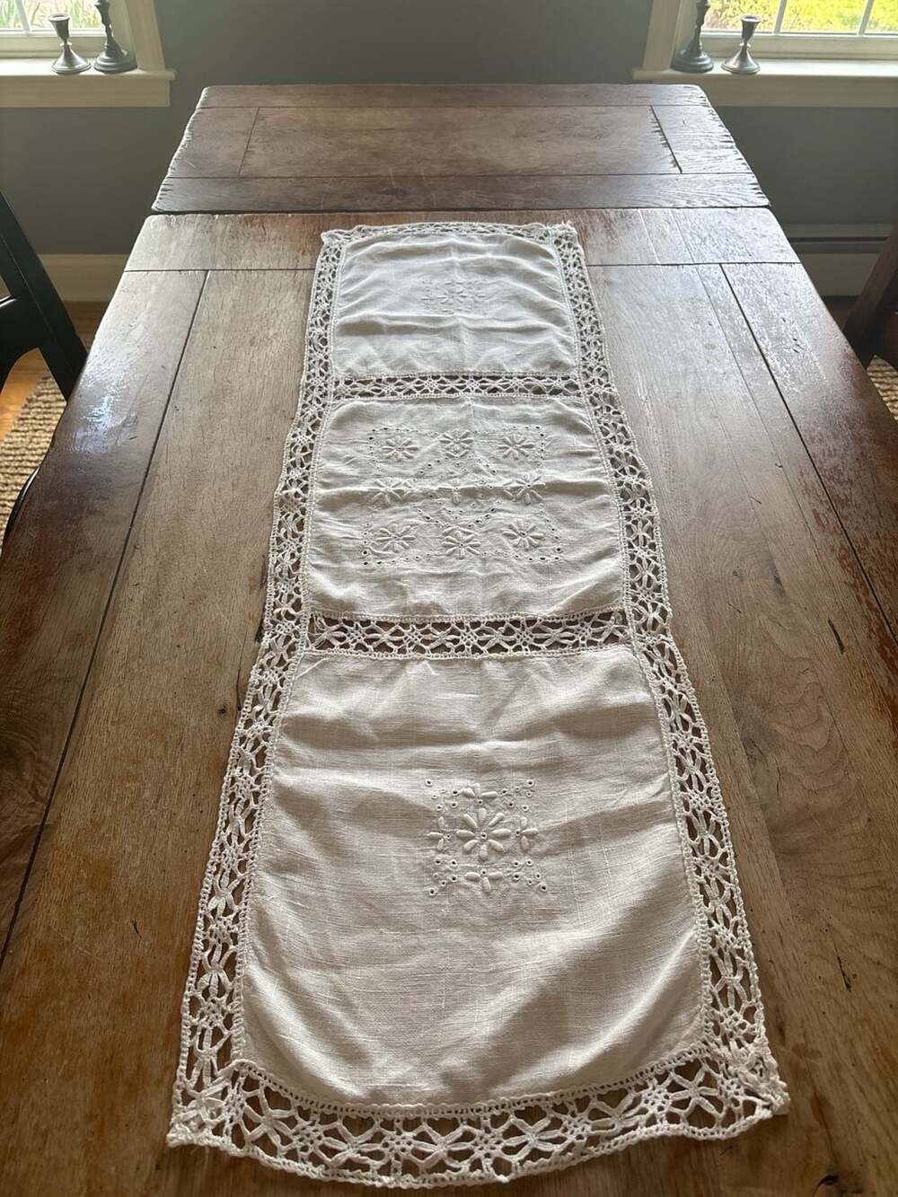 Vintage White Linen Table Runner with Eyelet Embroidery and Crochet Lace Trim